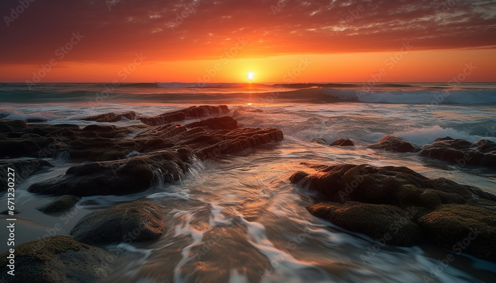 The tranquil scene of the sunset over the rocky coastline generated by AI