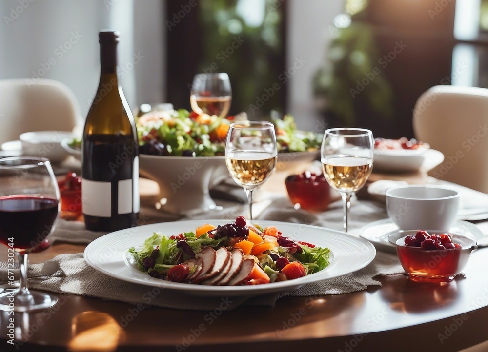 an elegant table with plates of food and wine glasses next to a bowl of salad and a glass of wine
an elegant table with plates of food and wine glasses next to a bowl of salad and a glass of wine