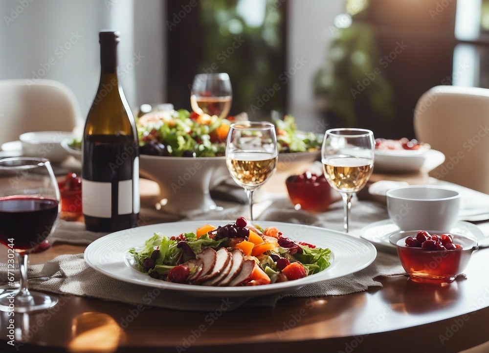 an elegant table with plates of food and wine glasses next to a bowl of salad and a glass of wine

