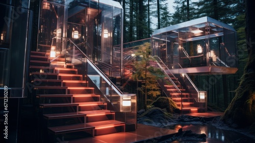 Japanese boutique capsule hotel in the mountains, modern, glass walls, grand staircase, unique angles, epic lighting, ultradetailed, dslr, futuristic, nikon d750, lomo photo