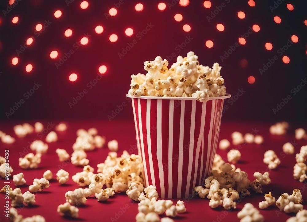Spilled popcorn and paper bucket in red strip box, isolated background
Spilled popcorn and paper bucket in red strip box, isolated background