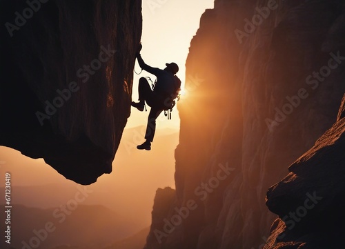 silhouette of a climber climbing a cliffy rocky mountain against the sun at sunset