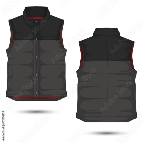 Puffer jacket mockup front and back view. Outdoor vest template. Vector illustration