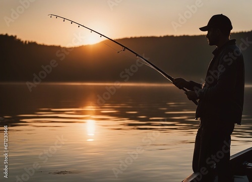 man fishing from a boat with a fishing rod, calm lake, sunset, silhouette