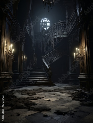 Gothic creepy room with vintage staircase in haunted castle. AI
