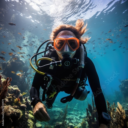 Skilled female diver gracefully explores the underwater world © YouraPechkin