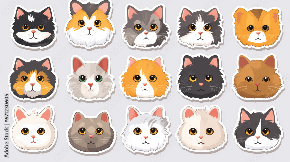 Cat portrait stickers with a selection of adorable cat breeds on a clean background. Cat portrait stickers with a selection of adorable cat breeds on a clean background.