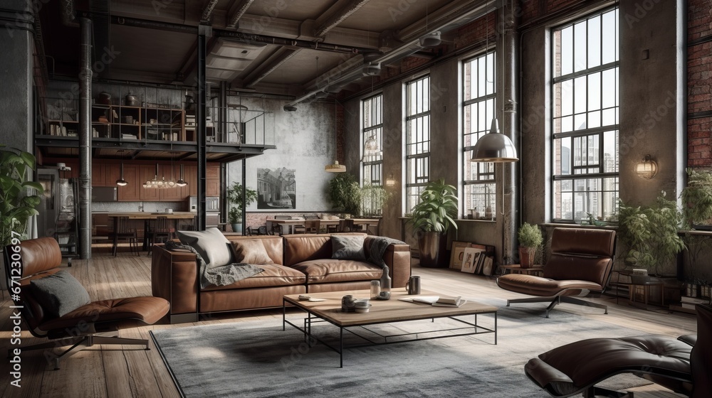 Living room interior in loft, industrial style, 3d render. Decor concept. Real estate concept. Art concept.