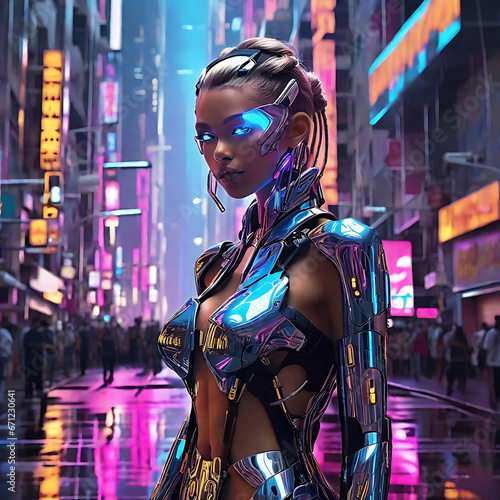 A sexy girl in a metallic dress on a glittering street.Generative Ai