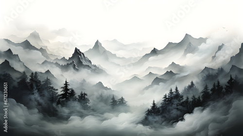 watercolor mountains covered with fog on white background.