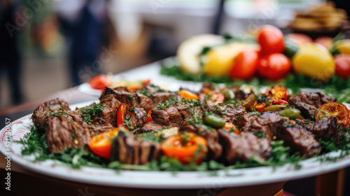 This appetizing image features a plate of perfectly grilled meat, elegantly displayed on a wedding or restaurant buffet, promising a delightful culinary experience for attendees.