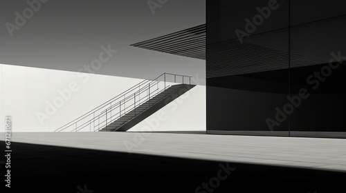 A minimalist architectural composition showcasing the interplay of light and shadow on a sleek,modern building, with geometric lines and reflections adding a sense of dynamism to the image 