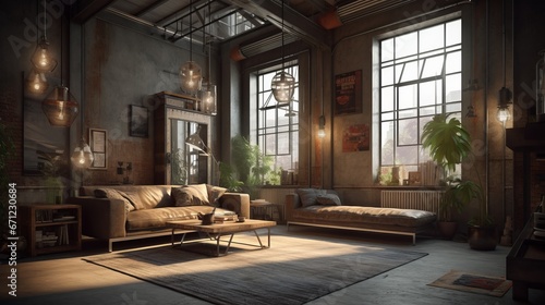 Living room interior in loft, industrial style, 3d render. Decor concept. Real estate concept. Art concept. © IC Production