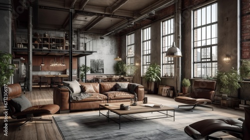 Living room interior in loft, industrial style, 3d render. Decor concept. Real estate concept. Art concept. © IC Production