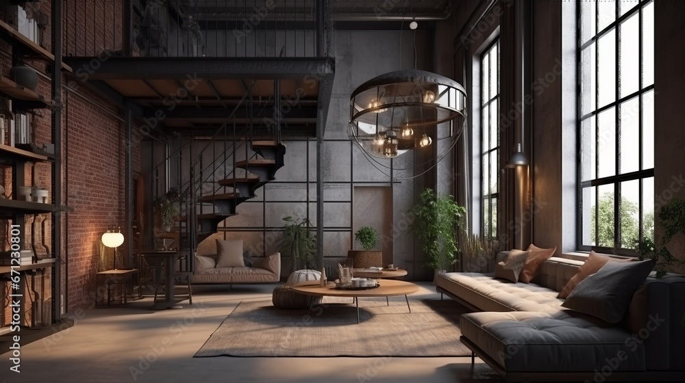 Living room interior in loft, industrial style, 3d render. Decor concept. Real estate concept. Art concept.