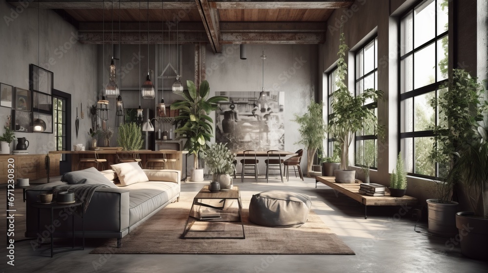 Living room interior in loft, industrial style, 3d render. Decor concept. Real estate concept. Art concept. Living room interior in loft, industrial style, 3d render. Decor concept. Real estate concept. Art concept.