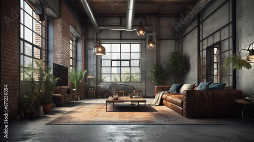 Living room interior in loft  industrial style  3d render. Decor concept. Real estate concept. Art concept.