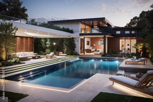 Backyard design with modern pool Generative AI © Abdul