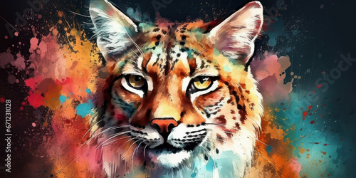 Watercolor drawing of a feline - Lynx. Generative AI. © Agustin