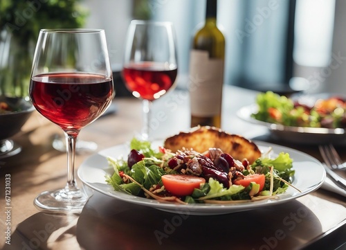 an elegant table with plates of food and wine glasses next to a bowl of salad and a glass of wine