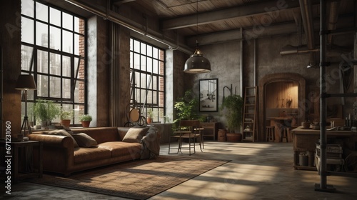 Living room interior in loft  industrial style  3d render. Decor concept. Real estate concept. Art concept.