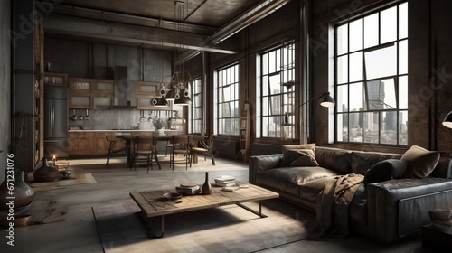 Living room interior in loft, industrial style, 3d render. Decor concept. Real estate concept. Art concept. © IC Production