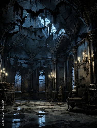 Gothic creepy room with bats in haunted castle. AI