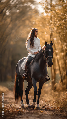 Young woman with long dark hair riding a black horse in the autumn forest