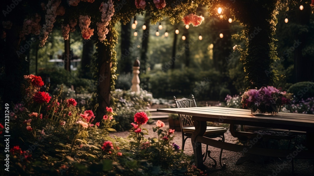 A cozy romantic garden with roses and garlands and lanterns. Generation AI