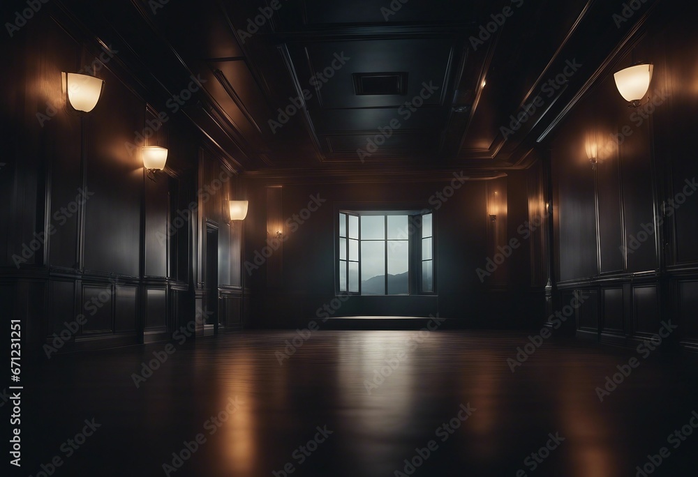 An Empty, Elegant Dark Room at Night, Centered Around an Open Window, Inviting the Calm of the Evening Sky Into the Serene Interior