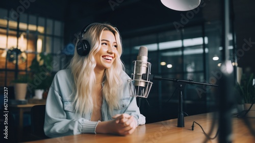 White female influencer or content creator recording a video podcast or YouTube video. Speaking into camera generative ai.