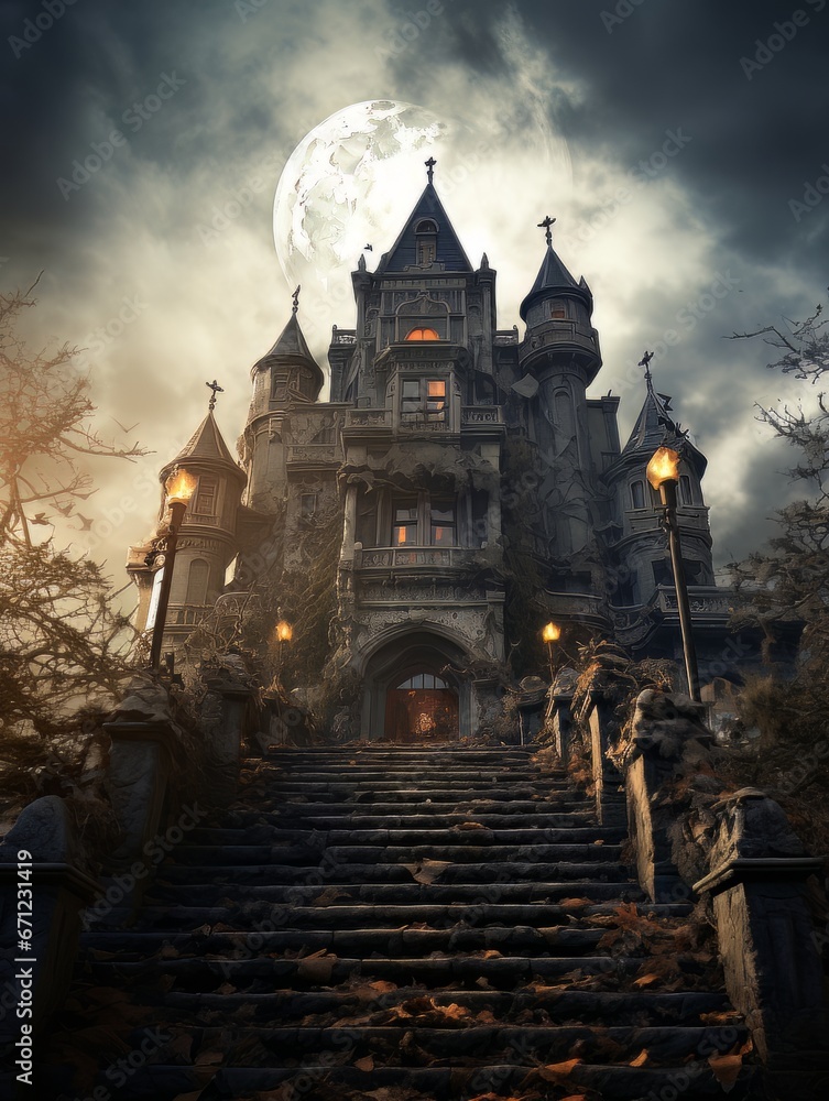 Fairytale haunted house on hill on night with full moon. AI Fairytale haunted house on hill on night with full moon. AI