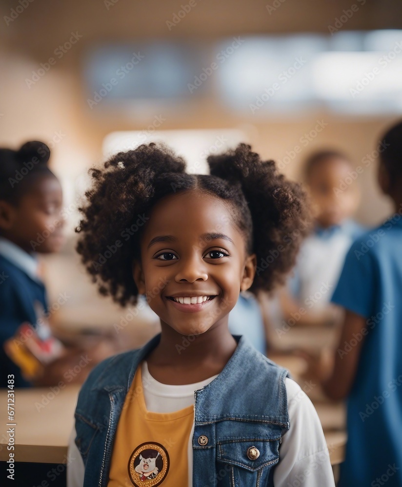 portrait of a black girl with a sincere American smile in kindergarten
portrait of a black girl with a sincere American smile in kindergarten