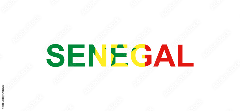Letters Senegal in the style of the country flag. Senegal word in national flag style. Letters Senegal in the style of the country flag. Senegal word in national flag style.