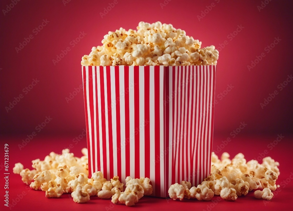 Spilled popcorn and paper bucket in red strip box, isolated background
Spilled popcorn and paper bucket in red strip box, isolated background
