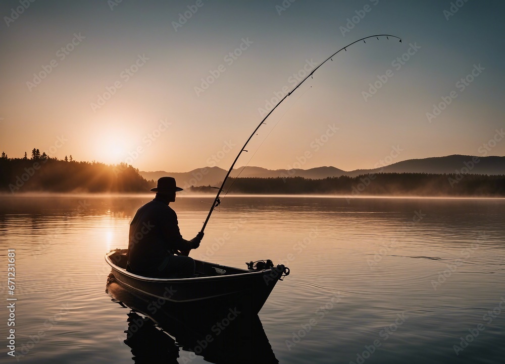 man fishing from a boat with a fishing rod, calm lake, sunset, silhouette
man fishing from a boat with a fishing rod, calm lake, sunset, silhouette