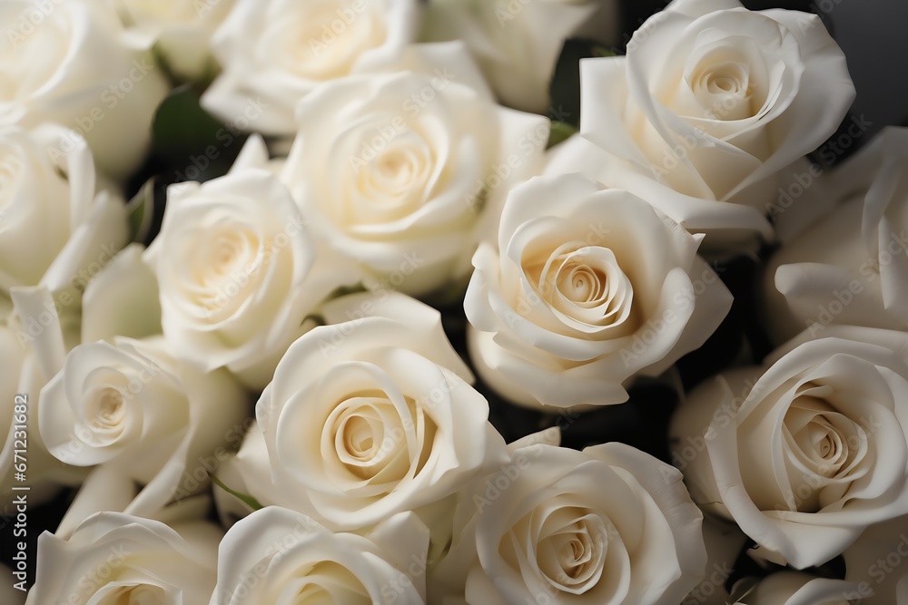 Bouquet of beautiful white roses as background, closeup view. generative AI. Bouquet of beautiful white roses as background, closeup view. generative AI.