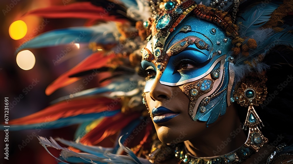 Human in a painted colorful carnival mask