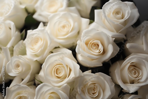 Bouquet of beautiful white roses as background, closeup view. generative AI.