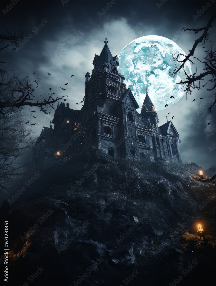 Fairytale haunted house on hill on night with full moon. AI