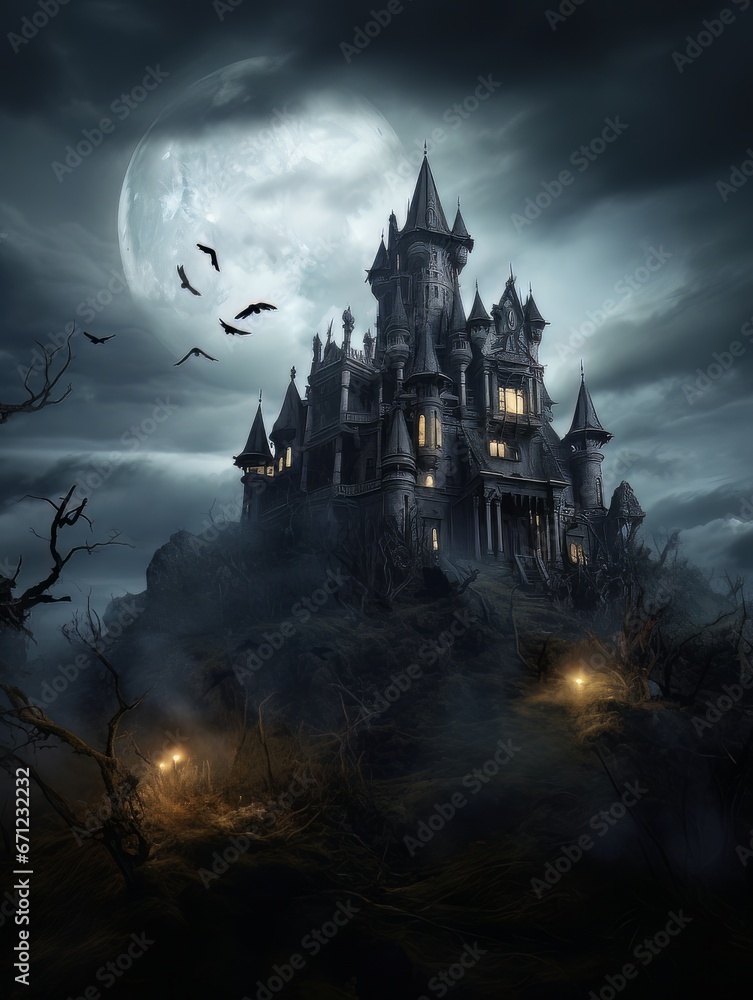 Fairytale haunted house on hill on night with full moon. AI