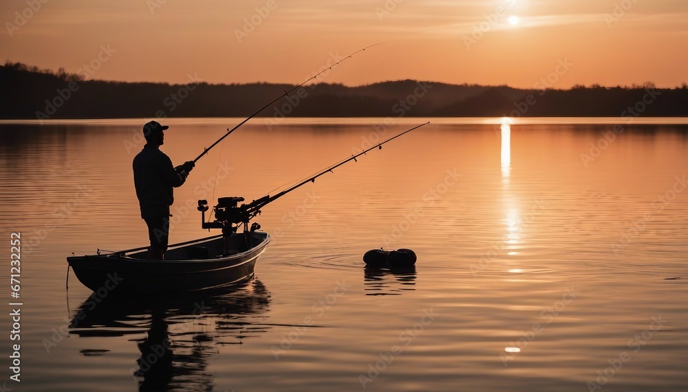 man fishing from a boat with a fishing rod, calm lake, sunset, silhouette

