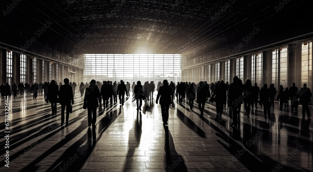 Crowd of people moving at large hall or station, only dark unrecognizable silhouettes visible against sunlight. Generative AI Crowd of people moving at large hall or station, only dark unrecognizable silhouettes visible against sunlight. Generative AI