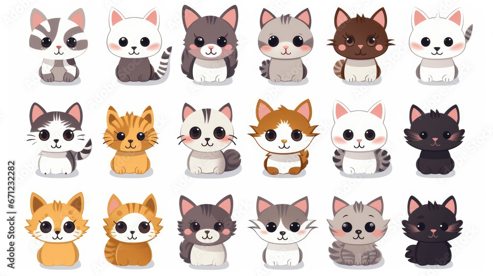 Variety of cute cat stickers featuring different cat breeds. Cat portraits on a clean background.