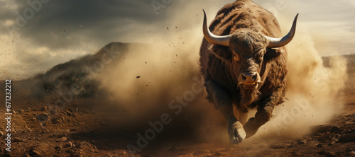 Intense Moment: Charging Bull in Dusty Landscape © Arunatic Studio