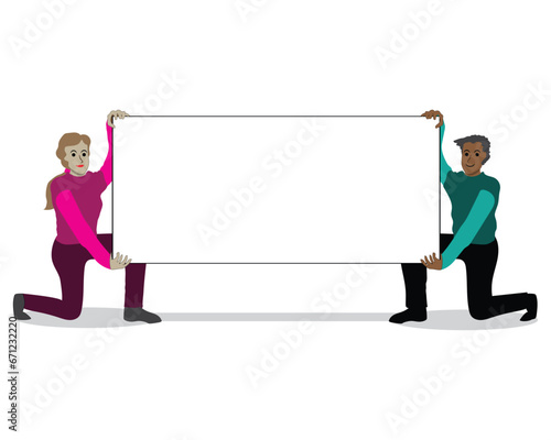 cartoon vector design of two people, namely a man and a woman holding a plain white banner or board in a rectangular shape while half sitting or squatting and facing the front © Nick kelly jr 