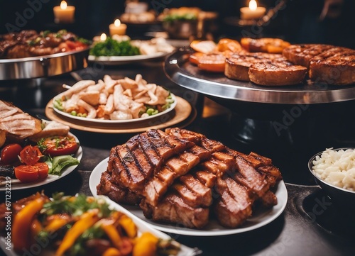 Catering buffet food indoor in restaurant with grilled meat