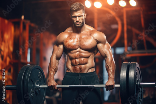 Handsome strong athletic man pumping up muscles with dumbbell in gym