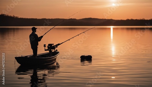 man fishing from a boat with a fishing rod  calm lake  sunset  silhouette  