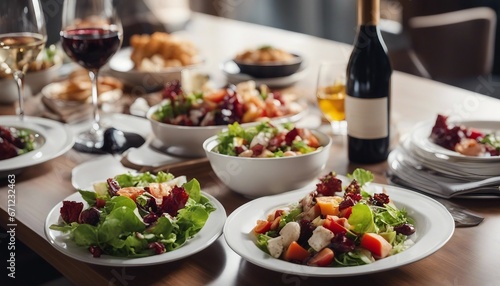 an elegant table with plates of food and wine glasses next to a bowl of salad and a glass of wine